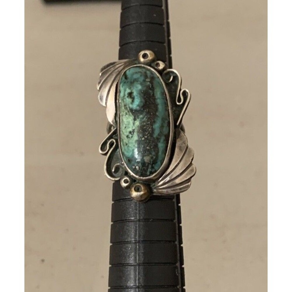 Vintage Womens Sterling Silver Navajo Turquoise Ring Full Finger 4.75